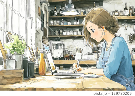 美優シリーズ：若い女性がカフェでノートPCを使って生成AIアートを作成しているシーン 129780209