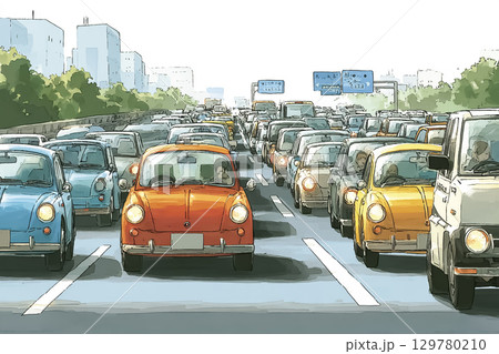 高速道路の渋滞に備え安全に減速する車列イラスト 129780210
