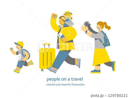 子供連れで旅行を楽しむ若い家族 カラフルで楽しいフラットイラスト 子供連れで旅行を楽しむ若い家族 カラフルで楽しいフラットイラスト 129780221