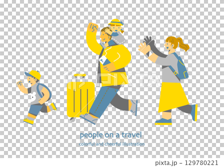 子供連れで旅行を楽しむ若い家族 カラフルで楽しいフラットイラスト 子供連れで旅行を楽しむ若い家族 カラフルで楽しいフラットイラスト 129780221