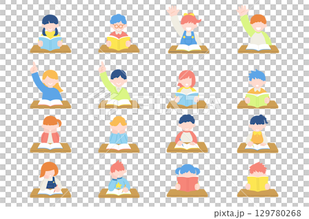 机で勉強をするこども達のフラットなイラスト(セット) 129780268