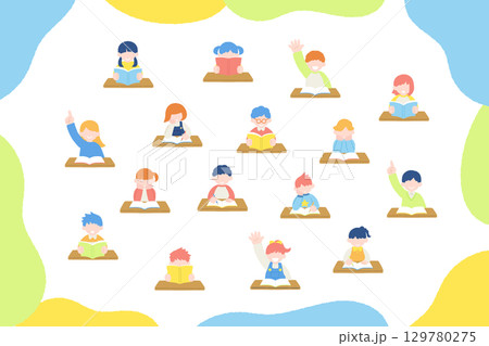 机で勉強をするこども達と簡単なフレームのフラットなイラスト(セット) 机で勉強をするこども達と簡単なフレームのフラットなイラスト(セット) 129780275