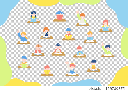 机で勉強をするこども達と簡単なフレームのフラットなイラスト(セット) 机で勉強をするこども達と簡単なフレームのフラットなイラスト(セット) 129780275