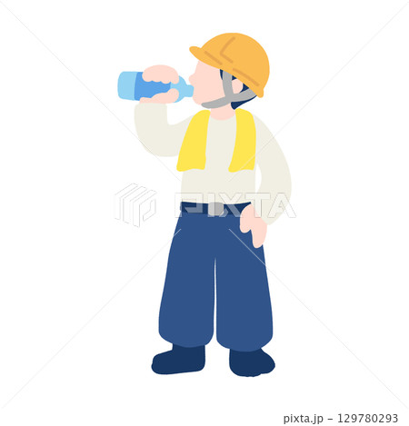 水分補給をする働く人(大工)のフラットなイラスト 129780293