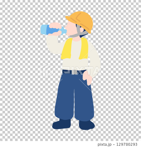 水分補給をする働く人(大工)のフラットなイラスト 129780293