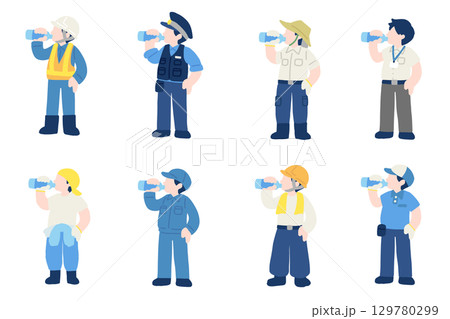 水分補給をする働く人々[男性]のフラットなイラスト(セット) 129780299