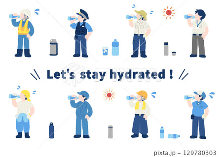 水分補給をする働く人々[男性]と飲み物のフラットなイラスト(セット) 129780303