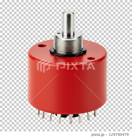 Red industrial multi position rotary switch with a threaded metal shaft for panel mounting 129780479