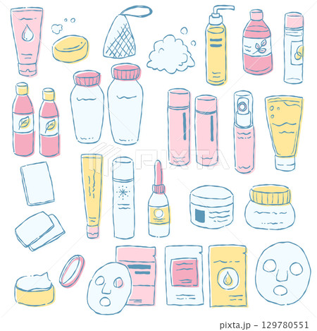 手描きテイストなスキンケアグッズのイラストセット(ピンク、イエロー) 129780551