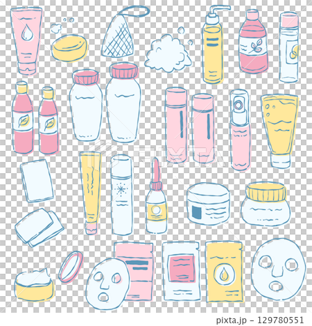 手描きテイストなスキンケアグッズのイラストセット(ピンク、イエロー) 129780551