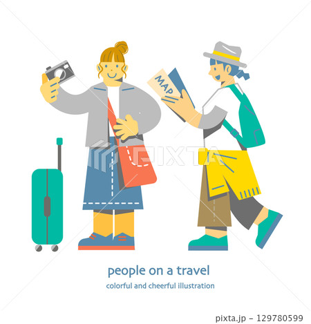 友達と旅行を楽しむ若い女性　カラフルで楽しいフラットイラスト 129780599