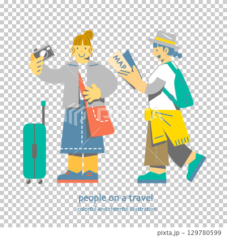 友達と旅行を楽しむ若い女性　カラフルで楽しいフラットイラスト 129780599
