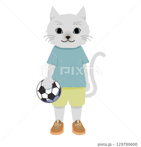 サッカーボールを持って直立する猫 129780600