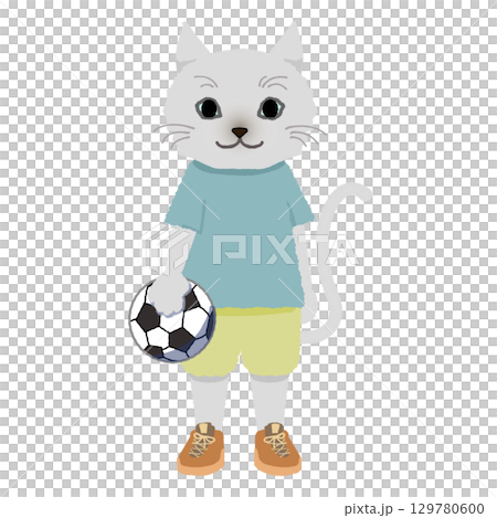 サッカーボールを持って直立する猫 129780600