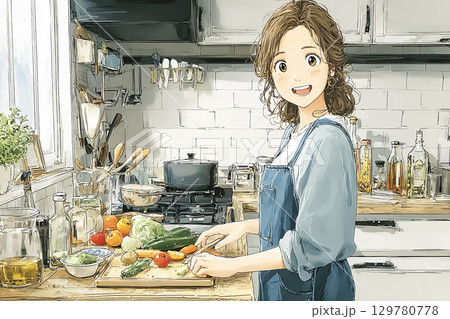 美優シリーズ：若い女性がキッチンで料理をしているシーン 129780778