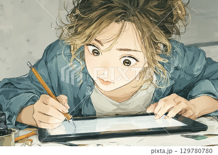 美優シリーズ：若い女性がタブレットでAI画像を編集しているシーン  129780780