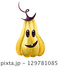 Funny long pumpkin with curly stem, watercolor kids illustration. Hand-drawn Halloween squash art in cartoon style on white background, for cards, labels, invitations, decoration and celebration. 129781085