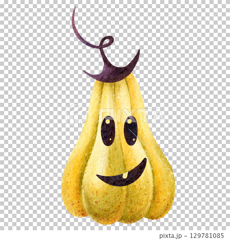 Funny long pumpkin with curly stem, watercolor kids illustration. Hand-drawn Halloween squash art in cartoon style on white background, for cards, labels, invitations, decoration and celebration. Funny long pumpkin with curly stem, watercolor kids illustration. Hand-drawn Halloween squash art in cartoon style on white background, for cards, labels, invitations, decoration and celebration. 129781085
