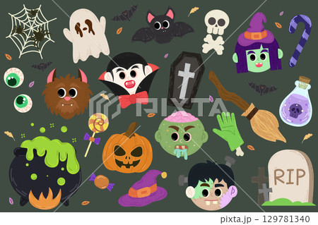 Halloween character vector set with pumpkins and spooky elements. Vector illustration 129781340