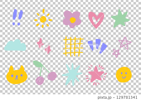 柔和的手繪塗鴉圖標集 - 16 個可愛迷人的圖標，包括太陽、星星、心形、櫻桃、貓、雲朵等。 129781341