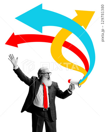 Digital artwork. Elderly businessman with megaphone and colorful arrows symbolizing leadership direction and strategy choices 129781380