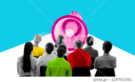 Creative collage with group of people facing pink megaphone symbolizing audience listening to public speech and corporate announcement 129781381