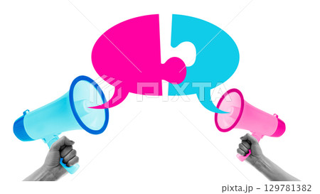 Digital artwork. Two hands holding megaphones with puzzle-shaped speech bubbles symbolizing dialogue and cooperation Digital artwork. Two hands holding megaphones with puzzle-shaped speech bubbles symbolizing dialogue and cooperation 129781382