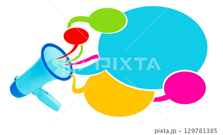 Collage of blue megaphone with colorful negative space speech bubbles symbolizing diversity of voices and communication flow Collage of blue megaphone with colorful negative space speech bubbles symbolizing diversity of voices and communication flow 129781385
