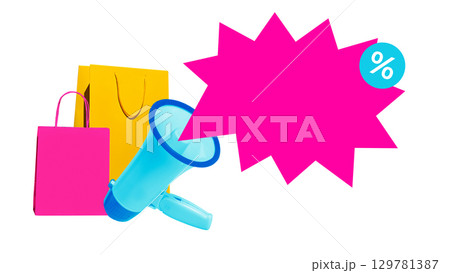 Collage of shopping bags with megaphone and bright sale bubble symbolizing promotion and retail discount announcement 129781387