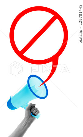 Creative collage of hand with megaphone and red prohibition sign symbolizing censorship and restriction Creative collage of hand with megaphone and red prohibition sign symbolizing censorship and restriction 129781445