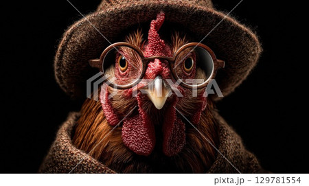 A quirky and humorous portrait of a rooster wearing a tweed hat and round glasses, looking directly at the camera with a comical and serious expression A quirky and humorous portrait of a rooster wearing a tweed hat and round glasses, looking directly at the camera with a comical and serious expression 129781554