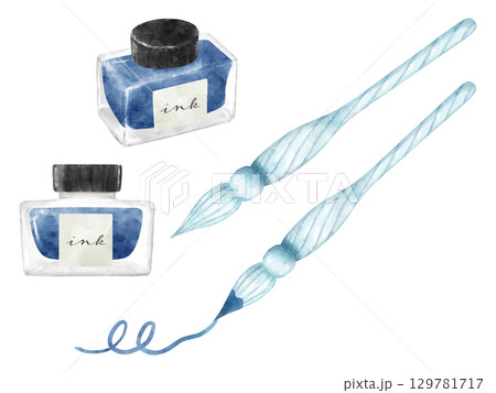 水彩画風のガラスペンとインクのイラストセット 129781717