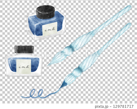水彩画風のガラスペンとインクのイラストセット 129781717