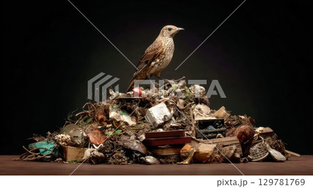 A small bird perches on a large pile of decaying rubbish, including plastic, bones, and other debris, against a dark background 129781769