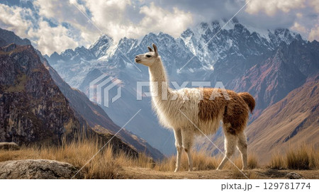 A stunning llama is standing on a grassy mountain slope, with a dramatic backdrop of towering, snow-capped andes mountains A stunning llama is standing on a grassy mountain slope, with a dramatic backdrop of towering, snow-capped andes mountains 129781774