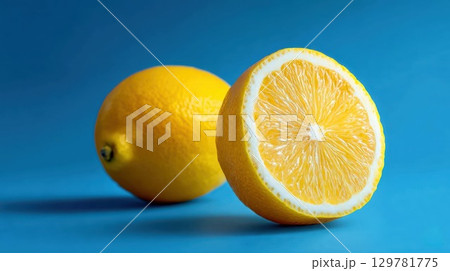 A beautiful shot of two bright yellow lemons, one whole and one cut in half, on a vibrant blue background 129781775