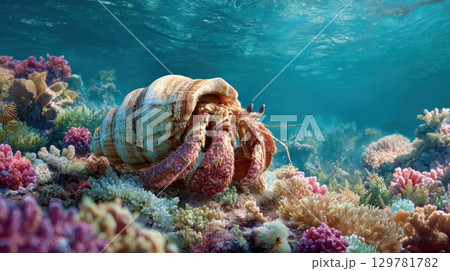 A close-up of a crab hiding in a spiral shell, walking on a colorful coral reef in a shallow, sunlit ocean A close-up of a crab hiding in a spiral shell, walking on a colorful coral reef in a shallow, sunlit ocean 129781782