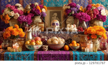 Traditional Mexican altar for the Day of the Dead, decorated with flowers, fruit, candles, and a sugar skull Traditional Mexican altar for the Day of the Dead, decorated with flowers, fruit, candles, and a sugar skull 129781787
