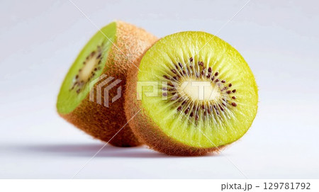 A vibrant macro shot of a kiwi fruit cut in half, showcasing its hairy brown skin and bright green center with seeds 129781792
