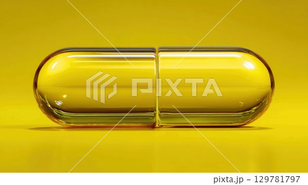 A large, glossy, yellow softgel capsule, possibly containing a vitamin or supplement, sits on a vibrant yellow background 129781797