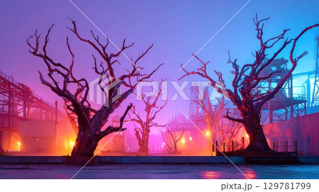 Surreal, dead trees with dramatic lighting stand against a vibrant sky in an industrial, atmospheric scene Surreal, dead trees with dramatic lighting stand against a vibrant sky in an industrial, atmospheric scene 129781799