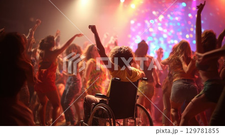 Disabled woman in wheelchair dancing at a...のイラスト素材 [129781855] - PIXTA