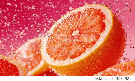 Water droplets splash and fly around a fresh, juicy, halved grapefruit against a vibrant pink background. The image evokes a sense of refreshing health, deliciousness, and energy 129781929