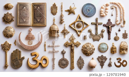 A flat lay of various religious symbols and artifacts, including crosses, a crescent moon, and a hamsa hand, arranged on a white background 129781940