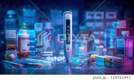 A digital thermometer stands amidst a futuristic and vibrant arrangement of medicine, vials, and pill bottles, representing advanced healthcare and technology A digital thermometer stands amidst a futuristic and vibrant arrangement of medicine, vials, and pill bottles, representing advanced healthcare and technology 129781941