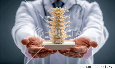 A professional in a lab coat holds a miniature model of a human spine, representing chiropractic care, orthopedics, and anatomy 129781975