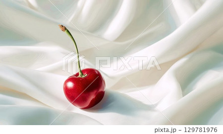 A single vibrant red cherry with a long, elegant stem rests on a soft, wrinkled white silk cloth, creating a simple yet luxurious still life 129781976