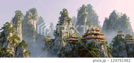 A series of traditional, multi-level temples with red roofs are built high on the peaks of majestic, mist-covered mountains 129781982