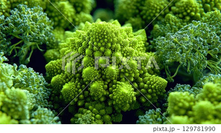 Vibrant green Romanesco, a fractal vegetable that is a beautiful cross between broccoli and cauliflower, showcases nature's unique geometric patterns 129781990