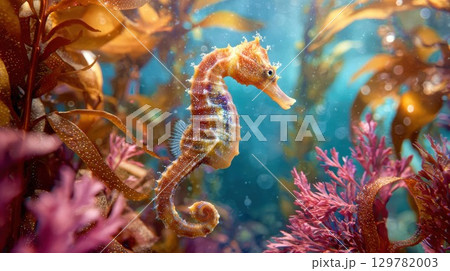 A majestic seahorse swims gracefully amidst a vibrant, colorful kelp and coral forest, illustrating the beautiful and fragile diversity of marine ecosystems 129782003
